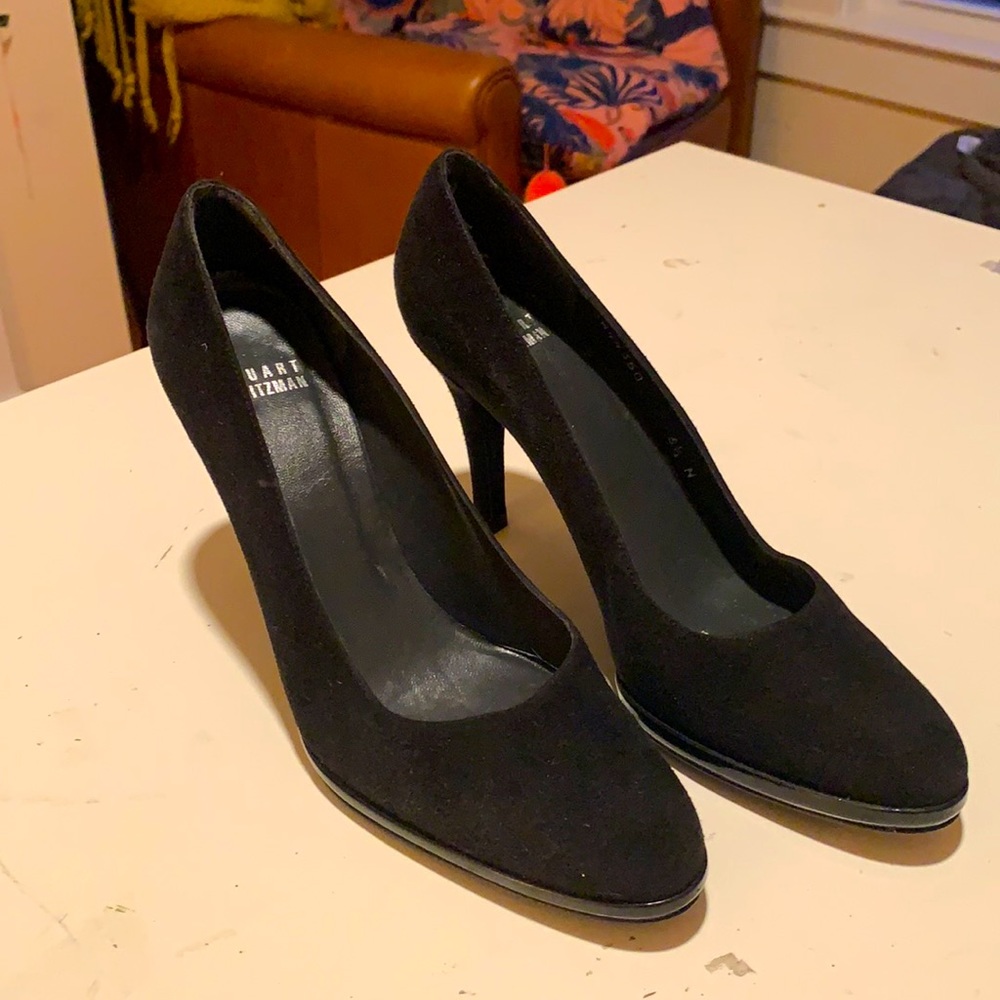 Stuart Weitzman Round Toe Black Suede Heels, Size 6.5